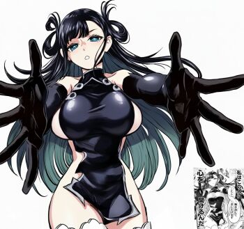 1girl blue_eyes breasts bright_pupils colored_inner_hair colorized dress elbow_gloves gloves gradient_hair grey_hair hair_rings kuniruri_natsuki large_breasts long_hair mole mole_under_eye multicolored_hair no_bra nue_no_onmyouji open_mouth pelvic_curtain reaching reaching_towards_viewer scene_reference sideboob sleeveless solo suiren415 symbol-shaped_pupils thighs two-tone_hair white_pupils