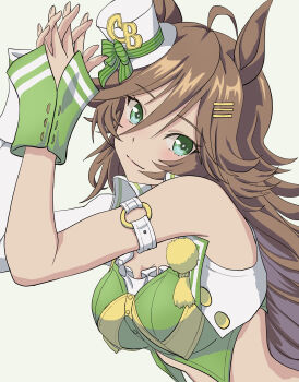 1girl absurdres ahoge animal_ears armband blush breasts brown_hair cleavage commentary_request crop_top green_eyes hair_ornament hairclip hat highres horse_ears horse_girl long_hair masasim mini_hat mini_top_hat mr._c.b._(clear_bliss)_(umamusume) mr._c.b._(umamusume) own_hands_together single_sleeve solo top_hat umamusume