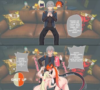 1boy 2girls blonde_hair blue_jacket blush clothed_male_nude_female completely_nude demon_horns english_text fellatio grey_hair highres horns jacket multiple_girls nude oral orange_hair orphie_magnusson pants ponytail short_hair speech_bubble sunoyukey tail trigger_(zenless_zone_zero) twintails wise_(zenless_zone_zero) zenless_zone_zero