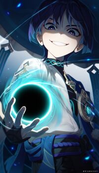 Rule 34 | 1boy, absurdres, anemo symbol (genshin impact), commentary, evil smile, genshin impact, hat, highres, japanese clothes, jingasa, kiamonoii, looking at viewer, male focus, mandarin collar, middle ring, purple eyes, purple hair, scaramouche (genshin impact), smile, solo, twitter username, vision (genshin impact), wanderer (genshin impact)