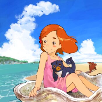 1girl animal animal_on_lap bare_arms beach blue_sky blush brown_eyes child closed_mouth cloud dog dress flone_robinson flower hair_flower hair_ornament hibiscus john_(swiss_family_robinson) lowres mercre_(swiss_family_robinson) ocean on_lap orange_hair outdoors pink_dress possum red_flower sakai_yume shore sky sleeveless sleeveless_dress smile swiss_family_robinson