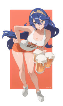 1girl alcohol alternate_costume armpits ass bare_arms bare_legs bare_shoulders beer beer_mug blue_eyes blue_hair brand_of_the_exalt breasts cleavage collarbone commentary cup dnaitari english_commentary fire_emblem fire_emblem_awakening full_body hair_between_eyes hand_on_own_hip highres holding holding_cup hooters large_breasts leaning_forward leaning_to_the_side long_hair looking_at_viewer lucina_(fire_emblem) mug nintendo orange_shorts short_shorts shorts smile solo symbol-shaped_pupils tank_top tiara very_long_hair waitress white_tank_top