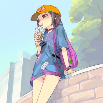 1girl animal_collar backpack bag baseball_cap belt_collar black_hair blue_sky brown_eyes bubble_tea city cleft_of_venus collar cowboy_shot cup disposable_cup drinking drinking_straw drinking_straw_in_mouth earrings female_focus flat_chest from_below hat jewelry loli long_hair no_panties original outdoors pussy running_bond short_sleeves sketch sky solo tree uncensored yamada_(gotyui)