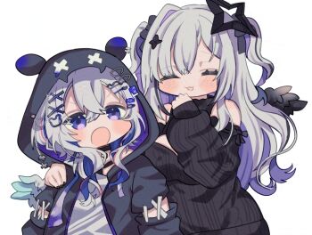 2girls :o amane_kanata amane_kanata_(cutesy_punk) amane_konata angel angel_wings animal_hood black_halo black_sweater closed_eyes commentary_request double-parted_bangs frown grey_hair hair_ornament halo hand_on_another's_shoulder hololive hood hood_up hooded_jacket jacket long_hair medium_hair mini_wings multiple_girls official_alternate_costume official_alternate_hairstyle open_mouth purple_eyes siblings simple_background sisters star_halo sweater turtleneck turtleneck_sweater two_side_up upper_body virtual_youtuber white_background wings x_hair_ornament yamada_(nou_74)