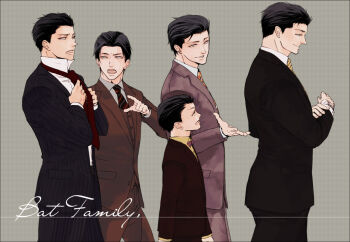5boys batman_(series) brothers bruce_wayne cuff_links damian_wayne dc_comics dick_grayson family father_and_son formal_clothes jason_todd male_focus multiple_boys necktie siblings suit tim_drake