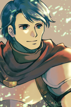 Rule 34 | 1boy, armor, artist name, blue eyes, blue hair, cape, ezekiel (tear ring saga), male focus, solo, sparkle, sumeragi (black rose), tear ring saga, tear ring saga: yutona eiyuu senki