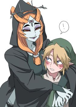 ! 1boy 1girl arms_around_neck blue_skin blue_tunic blush colored_skin commentary_request eyeshadow front_ponytail green_tunic highres hug hug_from_behind link makeup mature_female midna midna_(true) nasu_(ilo_a5) nintendo orange_hair protected_link purple_eyeshadow seductive_smile smile speech_bubble spoken_exclamation_mark the_legend_of_zelda the_legend_of_zelda:_twilight_princess tunic