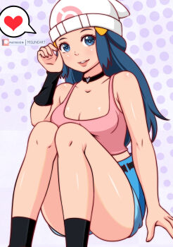 1girl arm_support beanie belt black_belt black_socks blue_eyes blue_hair blue_shorts blush breasts choker cleavage collarbone dawn_(pokemon) denim denim_shorts hair_ornament hairclip hat heart heart_choker long_hair looking_at_viewer medium_breasts midriff misune_art nintendo parted_lips pink_shirt poke_ball_print poke_ball_symbol pokemon pokemon_dppt polka_dot polka_dot_background print_hat purple_background shirt shorts sitting smile socks speech_bubble spoken_heart tank_top teeth white_hat wristband