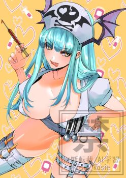 breasts cleavage collarbone cowboy_shot darkstalkers demon_girl demon_wings dress hand_on_own_hip hat head_wings holding holding_syringe large_breasts microdress morrigan_aensland nurse nurse_cap rosie_rosie simple_background syringe tongue tongue_out white_dress wings yellow_background yellow_eyes