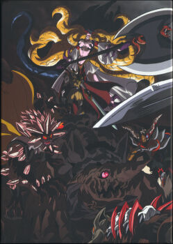 1girl 3boys axe highres holding holding_axe holding_sword holding_weapon koutetsu_jeeg mature_female monkey_boy monster monster_boy monster_girl multiple_boys official_art queen_himika_(koutetsu_jeeg) revealing_clothes smile standing sword tentacle_hair weapon