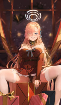 1girl absurdres asuna_(blue_archive) belt blue_archive blue_eyes blue_halo blue_ribbon blush bow bow_choker box breasts choker christmas detached_sleeves dress feet_out_of_frame fieryonion gift gift_box grin hair_over_one_eye hair_ribbon halo high_belt highres large_breasts light_brown_hair long_hair looking_at_viewer on_box red_dress ribbon santa_costume santa_dress sitting sitting_on_box smile solo