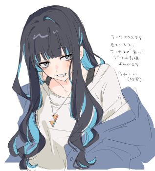 1girl black_hair blue_hair blue_jacket blush breasts colored_inner_hair eyeliner fate/grand_order fate_(series) grey_eyes grin highres jacket jewelry kaigan0211 long_hair long_sleeves looking_at_viewer makeup multicolored_hair necklace off_shoulder shirt sidelocks small_breasts smile solo tenochtitlan_(fate) translation_request white_shirt