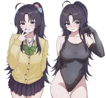 1girl ahoge awa_subaru black_gloves black_hair black_one-piece_swimsuit black_skirt blue_nails blush bow bowtie breasts cardigan cleavage collared_shirt covered_erect_nipples dress_shirt elbow_gloves girls_band_cry gloves green_bow green_bowtie green_nails hanekuri_(nnainain) highres large_breasts long_hair looking_at_viewer multicolored_nails multiple_views nail_polish one-piece_swimsuit one_side_up open_mouth parted_bangs pleated_skirt purple_eyes school_uniform shirt simple_background skindentation skirt swimsuit w w_over_mouth white_background white_shirt yellow_cardigan