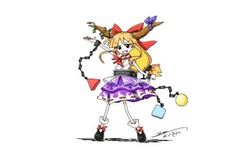 1girl chain fang hair_ornament horns ibuki_suika long_hair open_mouth orange_hair red_eyes signature touhou yoiy_san