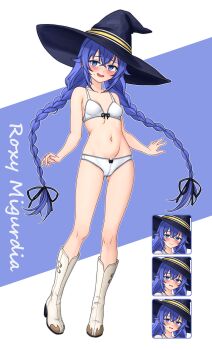 1girl absurdres blue_eyes blue_hair blush boots bow bow_bra bra braid breasts closed_mouth collarbone crossed_bangs crotch_seam dot_nose expression_chart full_body furrowed_brow gluteal_fold hair_ribbon haishi_kakyo hat highres knee_boots large_hat loli long_braid long_hair mushoku_tensei navel panties reference_sheet ribbon roxy_migurdia small_breasts smile solo standing sweatdrop thighs twin_braids underwear underwear_only very_long_hair white_boots white_bra white_panties witch_hat wizard_hat