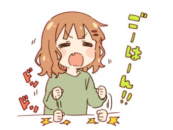 1girl ^^^ blush_stickers closed_eyes commentary fang green_shirt hair_ornament hairclip highres hitting light_brown_hair namori oomuro-ke oomuro_sakurako open_mouth parallel_hairclips shirt skin_fang solo table tantrum translated upper_body v-shaped_eyebrows wavy_hair yuruyuri