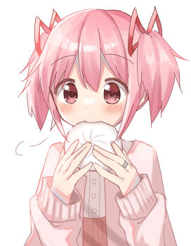 1girl blush commentary eating food hands_up highres kaname_madoka long_sleeves looking_at_viewer mahou_shoujo_madoka_magica mahou_shoujo_madoka_magica_(anime) pink_hair pink_sweater red_eyes simple_background solo steamed_bun sweater upper_body white_background yunagi_(yng_hoti)