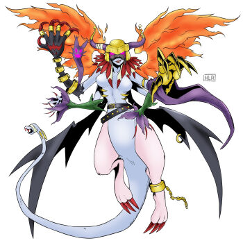 Rule 34 | 1girl, aquilamon, birdramon, chain, chimera, claws, digimon, digimon (creature), extra arms, female focus, highres, hlrart, holydramon, horns, ladydevimon, lilithmon, lipstick, looking at viewer, makeup, multiple wings, nail polish, nefertimon, oridigi, original, silphymon, solo, tail, wings