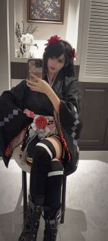 Rule 34 | 1girl, ankle boots, arm up, black hair, black kimono, black thighhighs, boots, chinese (nationality), closed mouth, commentary, cosplay, cosplay photo, eyeshadow, female focus, final fantasy, final fantasy vii, final fantasy vii remake, flower, grey ribbon, hair behind ear, hair flower, hair ornament, hairband, hands up, hashtag-only commentary, high heel boots, high heels, highres, holding, holding phone, indoors, japanese clothes, kimono, lace-up boots, legs together, light smile, lips, long hair, long sleeves, makeup, obi, official alternate costume, official art, parted lips, phone, photo (medium), real life, red eyes, red eyeshadow, red flower, red lips, sash, selfie, shadow, short kimono, sitting, smile, solo, square enix, ssyyouo, standing, swept bangs, thighhighs, tifa lockhart, tifa lockhart (cosplay), tifa lockhart (exotic dress), wide sleeves, zettai ryouiki