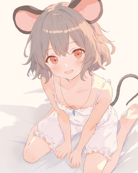 1girl :d absurdres alternate_costume animal_ears backlighting bare_shoulders barefoot bed_sheet between_legs bloomers blush breasts camisole collarbone commentary_request downblouse feet full_body grey_hair hair_between_eyes hand_between_legs happy highres iris-san jewelry looking_at_viewer medium_hair mouse_ears mouse_girl mouse_tail nazrin necklace open_mouth pendant red_eyes simple_background sitting small_breasts smile soles solo tail touhou underwear underwear_only wariza white_background white_bloomers white_camisole