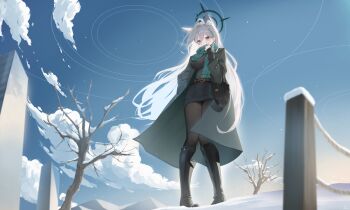 1girl absurdres adjusting_scarf ahoge alternate_costume animal_ear_fluff animal_ears bag black_boots black_coat black_halo black_shirt black_skirt blue_archive blue_eyes blue_scarf blue_sky boots breasts broken_halo building cloud coat cross cross_hair_ornament dark_halo extra_ears fathertrex from_below grey_hair hair_between_eyes hair_ornament halo hand_in_pocket handbag highres inverted_cross large_breasts long_hair looking_at_viewer miniskirt mismatched_pupils outdoors pantyhose parted_lips scarf shiroko_terror_(blue_archive) shirt skirt sky skyscraper sleeves_past_wrists snow solo tree winter winter_clothes wolf_ears wolf_girl