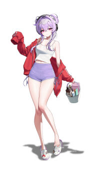 1girl absurdres alternate_costume breasts bucket camisole chatterbox_(nikke) commentary english_commentary goddess_of_victory:_nikke headphones highres holding holding_bucket indivilia_(nikke) jacket jueun2817 liberalio_(nikke) long_hair looking_at_viewer navel nihilister_(nikke) purple_eyes purple_hair purple_shorts red_jacket shorts simple_background slippers small_breasts solo toes white_background white_camisole