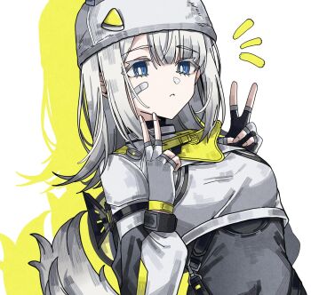 1girl arknights arknights:_endfield bandaid bandaid_on_face black_bodysuit black_gloves blue_eyes bodysuit breasts bright_pupils cat_girl cat_tail commentary drop_shadow estella_(arknights) extra_ears fingerless_gloves fingernails from_behind gloves grey_gloves grey_hair highres looking_at_viewer medium_breasts medium_hair multicolored_gloves parted_lips pokarii_zuu shrug_(clothing) simple_background solo tail tail_raised two-tone_gloves upper_body white_background white_pupils white_shrug