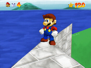 1boy artist_name blue_eyes blue_overalls brown_hair buttons facial_hair full_body glitch gloves gold_buttons highres male_focus mario mario_(series) meme mustache nintendo ocean overalls red_shirt shirt standing super_mario_64 water white_gloves yamari_(ya_mari_6363)