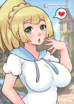 1girl blonde_hair blush braid breasts building cloud green_eyes hand_to_own_mouth heart large_breasts lillie_(pokemon) long_hair looking_at_viewer misune_art nintendo open_mouth pokemon pokemon_sm pond ponytail shirt short_sleeves sky speech_bubble spoken_heart standing tower water white_shirt