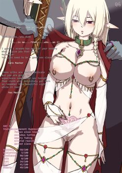 1girl anal anal_object_insertion bdsm blonde_hair bound breasts bridal_gauntlets chain clitoral_stimulation clitoris_piercing clitoris_ring cloak collar ear_piercing elf feather_hair_ornament feathers female_focus female_pubic_hair gameplay_mechanics gold_chain hair_ornament harem_outfit highres hypnosis jewelry large_breasts magic mind_control mirror navel nipple_piercing nipple_rings nipples nude object_insertion orc original piercing pointy_ears pubic_hair pubic_tattoo pussy pussy_piercing red_cloak red_eyes shaking simple_background slave slave_tattoo solinda_(yakou) standing stats tag tattoo teardrop tears translated uncensored vaginal_piercing yakou_(4507770)