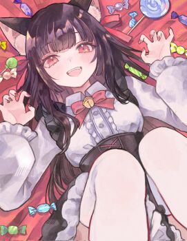 1girl 37104kii animal_ear_fluff animal_ears bell black_hair bow bowtie candy candy_wrapper claw_pose corrupted_twitter_file food halloween highres jingle_bell lollipop long_hair lying nail_polish on_back open_mouth original red_bow red_bowtie red_eyes red_nails solo teeth thighhighs upper_teeth_only white_thighhighs wrapped_candy
