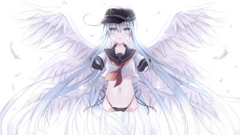 Rule 34 | 1girl, :|, absurdly long hair, absurdres, amputee, backlighting, black hat, black panties, black sailor collar, blue eyes, blue hair, closed mouth, collarbone, commentary request, commission, cowlick, crop top, cropped shirt, double-parted bangs, expressionless, feathered wings, feathers, full body, hair between eyes, hat, hibiki (kancolle), highleg, highleg panties, highres, kantai collection, light frown, long hair, looking at viewer, multiple wings, navel, neckerchief, necktie, nuno kire, oversized wings, pale skin, panties, pixiv commission, quadruple amputee, red neckerchief, red necktie, sailor collar, shirt, short sleeves, side-tie panties, sideways hat, simple background, sleeve cuffs, solo, stomach, straight-on, underwear, very long hair, white background, white feathers, white shirt, white wings, wings