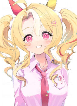 Rule 34 | 1girl, alternate costume, animal ears, antenna hair, blonde hair, blush, collared shirt, commentary request, fusaichi pandora (umamusume), grin, highres, horse ears, horse girl, kurumi poke, long hair, looking at viewer, mismatched ear covers, multicolored hair, necktie, pink eyes, pink necktie, shirt, simple background, smile, solo, streaked hair, twintails, umamusume, upper body, white background, white shirt, white streaks