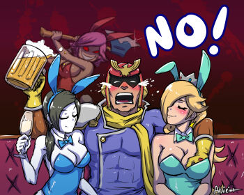 1boy 3girls akairiot alcohol animal_crossing animal_ears arm_around_shoulder axe beer beer_mug blonde_hair blood blood_splatter blue_eyes bow bowtie breasts captain_falcon champagne_flute cleavage colored_skin couch crown cup detached_collar drinking_glass drunk earrings f-zero fake_animal_ears glowing glowing_eyes grabbing_another&#039;s_breast grey_hair groping hair_over_shoulder helmet jewelry large_breasts long_hair mario_(series) mug multiple_girls nintendo pale_skin pink_hair playboy_bunny rabbit_ears red_background red_eyes rosalina scarf sitting star_(symbol) star_earrings super_mario_bros._1 super_mario_galaxy super_smash_bros. table villager_(animal_crossing) weapon white_skin wii_fit wii_fit_trainer wii_fit_trainer_(female) wine_glass yandere you_gonna_get_raped