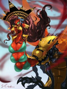 1girl arthropod_girl bead_necklace beads bikini blue_bikini blue_eyes breasts brown_hair colored_sclera colored_skin cross-shaped_pupils earrings extra_breasts floating_hair hair_between_eyes hat highres jewelry large_breasts long_hair looking_at_viewer mandibles monster monster_girl necklace no_arms original pointy_ears red_skin ruteko_(ruko220) signature solo swimsuit symbol-shaped_pupils taur wasp_girl what yellow_sclera