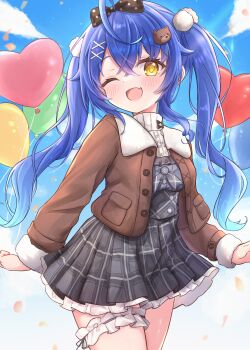 1girl absurdres ahoge amamiya_kokoro balloon bear_hair_ornament blue_hair blue_sky blush bow bowtie brown_jacket cloud dress fang frilled_dress frilled_thigh_strap frills green_dress hair_between_eyes hair_bow hair_ornament heart_balloon highres jacket long_hair long_sleeves looking_at_viewer matcha_november nijisanji one_eye_closed open_clothes open_jacket open_mouth polka_dot polka_dot_bow polka_dot_bowtie pom_pom_(clothes) pom_pom_hair_ornament sidelocks skin_fang sky solo standing thigh_strap turtleneck twintails very_long_hair virtual_youtuber x_hair_ornament yellow_eyes