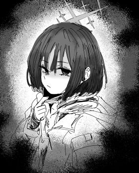 Rule 34 | absurdres, bdsm, blue archive, bondage, bound, commentary request, halo, highres, jacket, looking at viewer, mask, misaki (blue archive), monochrome, neophyte, short hair, unhappy