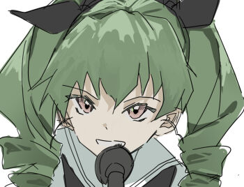 1girl anchovy_(girls_und_panzer) commentary_request girls_und_panzer green_eyes green_hair highres kyuemo looking_at_viewer microphone ooarai_school_uniform open_mouth school_uniform smile solo white_background
