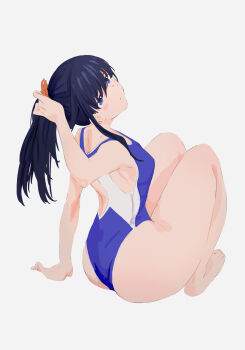 1girl a_(c3einycggcevevf) absurdres black_hair blue_eyes blue_one-piece_swimsuit closed_mouth commentary gridman_universe hair_between_eyes highleg highleg_one-piece_swimsuit highres long_hair looking_back one-piece_swimsuit simple_background solo solo_focus ssss.gridman swimsuit takarada_rikka two-tone_swimsuit white_background