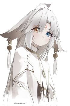 1other abby_(wuthering_waves) ambiguous_gender blue_eyes cloak closed_mouth commentary corrupted_twitter_file cryne earrings english_commentary hair_flaps heterochromia highres jewelry long_hair looking_at_viewer orange_eyes personification simple_background symbol-shaped_pupils tacet_mark_(wuthering_waves) twitter_username white_background white_cloak white_hair wuthering_waves