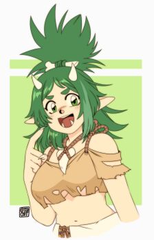 1girl absurdres cavewoman female_focus fingernails green_eyes green_hair hair_up highres horns meat_(vtuber) midriff ponty_ears primitive scar scar_on_face scar_on_nose sharp_fingernails sharp_teeth simple_background smile teeth torn_clothes virtual_youtuber