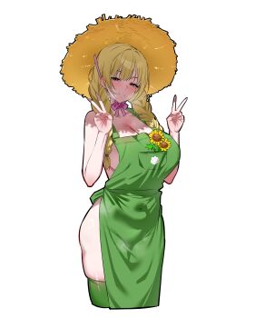 1girl apron blonde_hair blush braid breasts brown_eyes cleavage closed_mouth covered_navel cropped_legs double_v floral_print green_apron half-closed_eyes hands_up hat highres large_breasts legs long_hair looking_at_viewer low_twin_braids naked_apron nisp_art outline personification plants_vs._zombies seductive_smile sideboob smile solo standing straw_hat sunflower_(plants_vs._zombies) sunflower_print thick_thighs thighhighs thighs twin_braids v