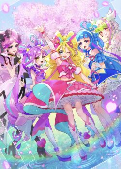 Rule 34 | 5girls, absurdres, ahoge, aokaze nana, bare shoulders, blonde hair, blue bow, blue dress, blue eyes, blue hair, blush, bow, bracelet, braid, breasts, bridal gauntlets, choker, commentary request, cure idol, cure kiss, cure kyunkyun, cure wink, cure zukyuun, detached sleeves, double-parted bangs, dress, earrings, elbow gloves, eyelashes, frilled dress, frilled sleeves, frills, full body, gloves, gradient hair, hair between eyes, hair bow, hair ornament, hair ribbon, hairband, happy, headset, heart, heart-shaped lock, heart hair ornament, highres, jewelry, kimi to idol precure, long hair, looking at viewer, magical girl, medium breasts, meroron (precure), midriff, minccino7, multicolored hair, multiple earrings, multiple girls, multiple hair bows, musical note, one eye closed, one side up, open mouth, overskirt, parted bangs, pearl earrings, pink dress, pink hair, pink streaks, plaid bow, plaid clothes, plaid skirt, ponytail, precure, purirun (precure), purple bridal gauntlets, purple choker, purple eyes, purple hair, purple overskirt, purple skirt, purple streaks, reaching, reaching towards viewer, ribbon, sakura uta (precure), shigure kokoro, short sleeves, sidelocks, single bare shoulder, skirt, skirt bow, sleeveless, sleeveless dress, smile, strapless, strapless dress, streaked hair, symbol-shaped pupils, tanaka meron, tanaka purin, teardrop earrings, twin braids, twintails, two-tone hair, very long hair, watermark, wavy hair, white dress, white hairband, white sleeves, yellow eyes
