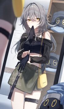 1girl absurdres adjusting_clothes adjusting_gloves alternate_costume averting_eyes bag bare_shoulders belt black_gloves black_shirt eating_hair glove_in_mouth gloves grey_hair hair_between_eyes highres honkai:_star_rail honkai_(series) imasaki_kei indoors long_hair long_sleeves mirror mouth_hold off_shoulder putting_on_gloves reflection shirt shoulder_bag skirt solo standing stelle_(honkai:_star_rail) stomach thigh_belt thigh_strap trailblazer_(honkai:_star_rail) trailblazer_(trash_cake)_(honkai:_star_rail) twitter_username watermark yellow_bag yellow_eyes