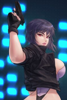 1girl black_gloves black_jacket breasts fingerless_gloves from_behind gabriel_carrasquillo ghost_in_the_shell gloves gun handgun highleg highleg_leotard highres jacket kusanagi_motoko leotard lips looking_back medium_hair open_clothes open_jacket purple_hair red_eyes revealing_clothes sideboob solo strapless strapless_leotard weapon white_leotard wide_hips