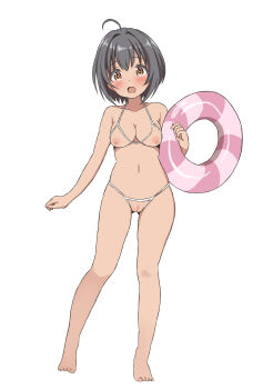 1girl absurdres ahoge bare_legs bikini blush breasts brown_eyes collarbone commentary_request crotchless crotchless_bikini cupless_bikini gluteal_fold grey_hair hair_between_eyes highres holding holding_swim_ring idolmaster idolmaster_cinderella_girls innertube kohinata_miho medium_breasts medium_hair navel nipples ohana._(komachi) open_mouth pussy sidelocks solo stomach string_bikini sweat swim_ring swimsuit thighs white_bikini