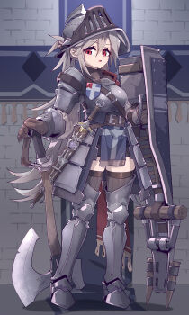 absurdres armor axe battle_axe black_thighhighs blonde_hair breasts gloves helmet highres imazawa large_breasts loli long_hair medium_breasts original red_eyes shield sword thighhighs thighs warrior warrior_(final_fantasy) weapon zettai_ryouiki