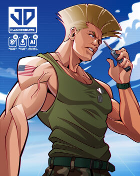 Rule 34 | 1boy, absurdres, american flag, american flag tattoo, artist name, bare shoulders, belt, blonde hair, blue eyes, blue sky, camouflage, camouflage pants, cody rhodes, collarbone, comb, cosplay, dog tags, flattop, folding comb, furrowed brow, green belt, green tank top, guile, guile (cosplay), highres, holding, holding comb, james diato, male focus, mature male, muscular, muscular male, pants, parted lips, pectorals, short hair, sky, solo, street fighter, tank top, tattoo, upper body, veins, veiny arms, watch, wristwatch, wwe