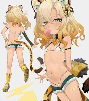 1girl aged_down animal_ears ass back bare_shoulders bikini bikini_pull blonde_hair breasts cameltoe clothes_pull covered_erect_nipples cutoffs dark_skin esearu genshin_impact green_eyes grey_background highleg highleg_bikini highres jaguar_ears jaguar_girl loli long_hair looking_at_viewer micro_bikini micro_shorts multiple_views nail_polish pulling_own_clothes revision roller_skates shorts simple_background skates small_breasts standing swimsuit tail vision_(genshin_impact) white_background xilonen_(genshin_impact)