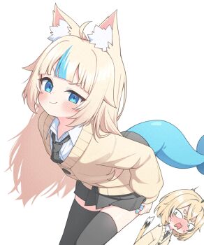 2girls adversarial_noise ahoge alternate_costume animal_ear_fluff animal_ears black_necktie black_skirt black_thighhighs blonde_hair blue_eyes blue_nails blue_streaks blush cardigan cat_ears clothes_lift collared_shirt commentary commentary_request dooby english_commentary fins fish_girl fish_tail indie_virtual_youtuber jerboa_tail korean_commentary long_hair long_sleeves miniskirt mixed-language_commentary multicolored_hair multiple_girls necktie panties panty_pull pleated_skirt sameko_saba school_uniform shirt simple_background skirt smile streaked_hair tail thighhighs ugaaaa1 underwear very_long_hair virtual_youtuber white_background white_shirt